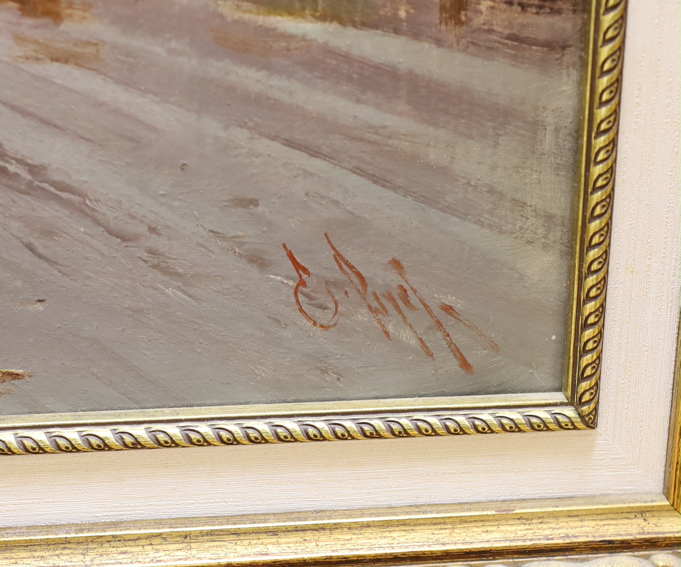 A decorative oil on canvas, street scene with figures, indistinctly signed, 64 x 80cm, gilt frame